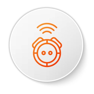 Turuncu çizgili robot elektrikli süpürge ikonu beyaz arka planda izole edildi. Otomatik süpürme için ev aletleri, ev temizliği için dijital cihazlar. Beyaz daire düğmesi. Vektör