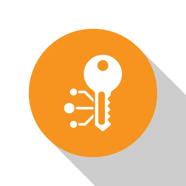 Vit Cryptocurrency nyckel ikon isolerad på vit bakgrund. Begreppet cybersäkerhet eller privat nyckel, digital nyckel med teknikgränssnitt. Orange cirkelknapp. Vektor — Stock vektor