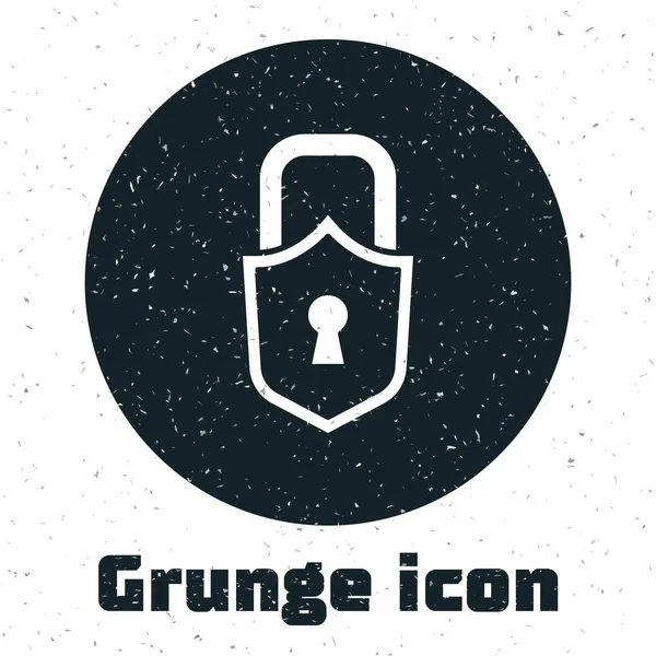 Grunge Lock Symbol isoliert auf weißem Hintergrund. Vorhängeschloss. Sicherheit, Sicherheit, Schutz, Privatsphäre. Monochrome Vintage-Zeichnung. Vektor — Stockvektor