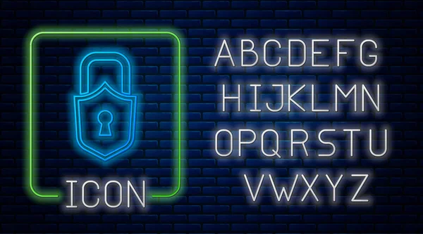 Ícone de bloqueio de néon brilhante isolado no fundo da parede de tijolo. Sinal de cadeado. Segurança, segurança, proteção, conceito de privacidade. Alfabeto claro de néon. Vetor — Vetor de Stock