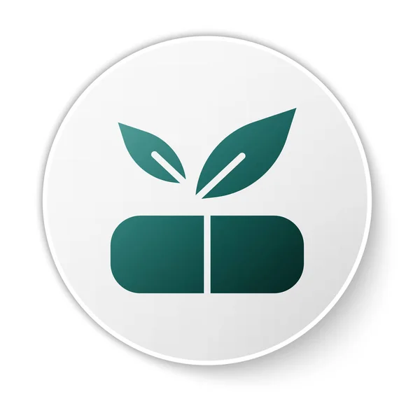Pílula médica verde com o ícone da planta isolado no fundo branco. Comprimido à base de plantas. Botão de círculo branco. Vetor — Vetor de Stock