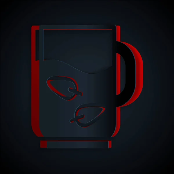 Carta tagliata Tazza di tè e icona foglia isolata su sfondo nero. Stile cartaceo. Vettore — Vettoriale Stock