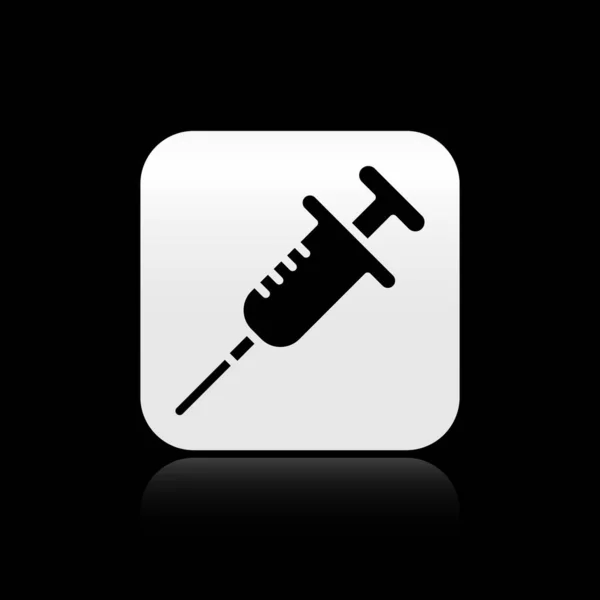 Black Syringe icon isolated on black background. Syringe for vaccine, vaccination, injection, flu shot. Medical equipment. Silver square button. Vector — Stock Vector