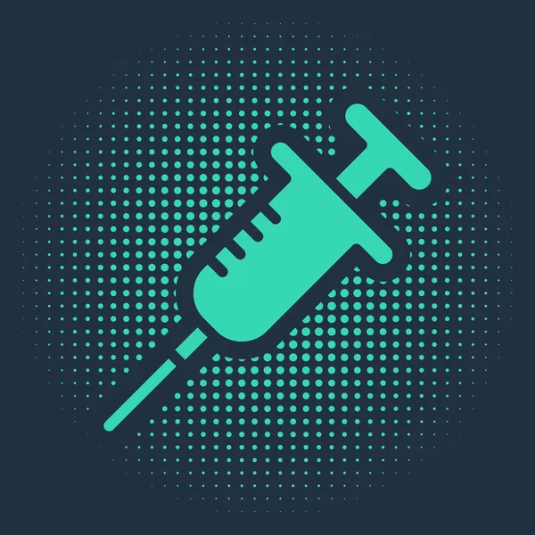 Green Syringe icon isolated on blue background. Syringe for vaccine, vaccination, injection, flu shot. Medical equipment. Abstract circle random dots. Vector — Stock Vector