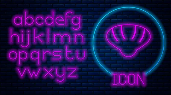 Gloeiende neon Scallop zee shell pictogram geïsoleerd op baksteen muur achtergrond. Schelpensteken. Neon licht alfabet. Vector. — Stockvector