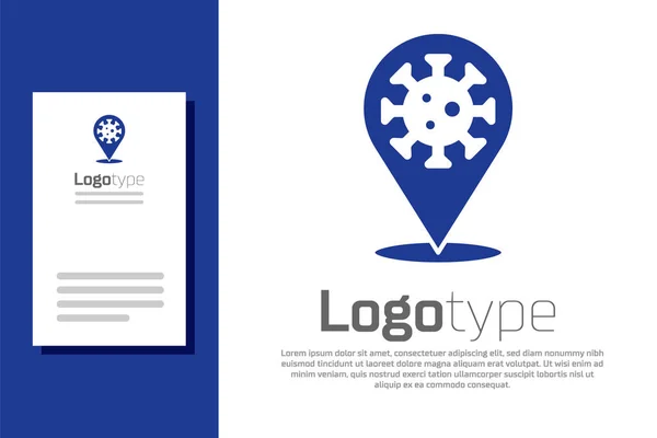 Blue Corona virus 2019-nCoV op locatie icoon geïsoleerd op witte achtergrond. Bacteriën en ziektekiemen, celkanker, microben, schimmels. Logo ontwerp template element. Vector. — Stockvector