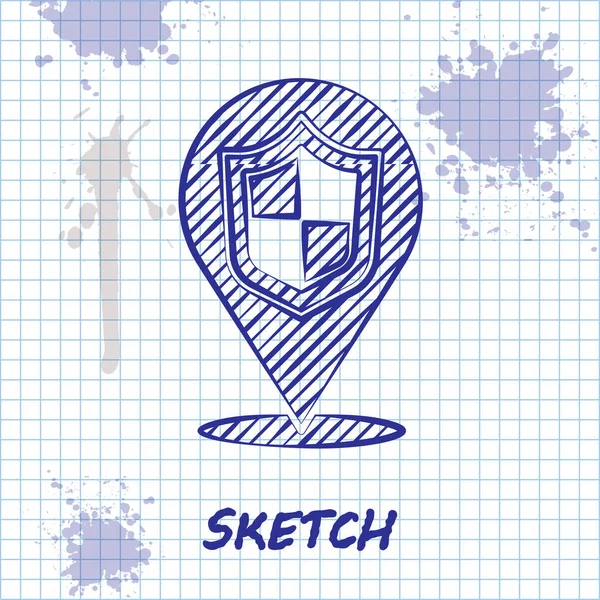 Sketch line Ikona tarczy lokalizacji izolowana na białym tle. Koncepcja ubezpieczenia. Podpis strażnika. Bezpieczeństwo, ochrona, koncepcja prywatności. Wektor. — Wektor stockowy