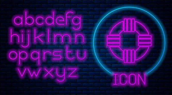 Gloeiende neon Lifebuoy icoon geïsoleerd op bakstenen muur achtergrond. Het symbool van de reddingsgordel. Neon licht alfabet. Vector. — Stockvector