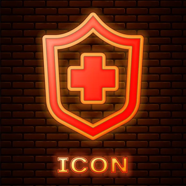 Glödande neon sjukförsäkring ikon isolerad på tegel vägg bakgrund. Patientskydd. Säkerhet, skydd, skydd, skyddskoncept. Vektor. — Stock vektor