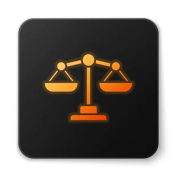 Оранжевые светящиеся неоновые весы правосудия изолированы на белом фоне. Символ суда. Знак баланса. Черная квадратная кнопка. Вектор. — стоковый вектор