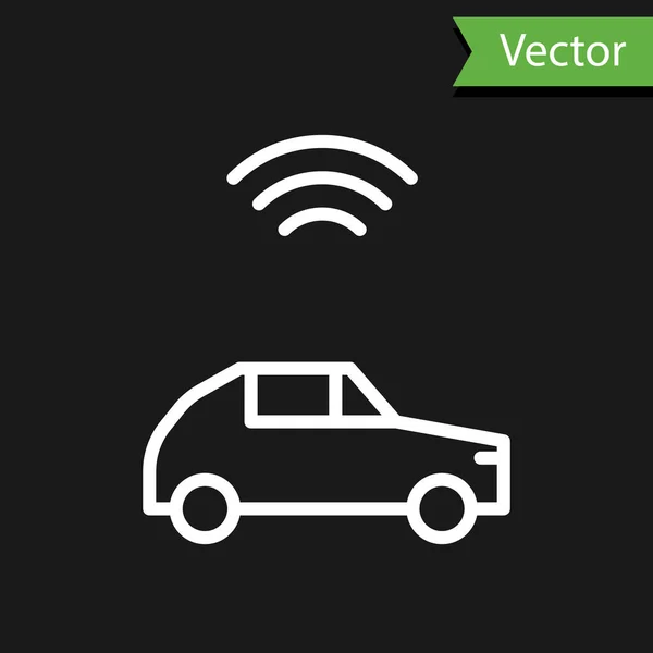 Weiße Linie Smart Car-System mit drahtloser Verbindung Symbol isoliert auf schwarzem Hintergrund. Vektor — Stockvektor