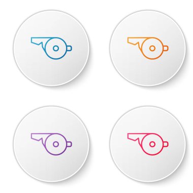 Beyaz arkaplanda renk çizgisi Whistle simgesi izole edildi. Hakem sembolü. Spor ve spor burcu. Simgeleri daire düğmelerine ayır. Vektör