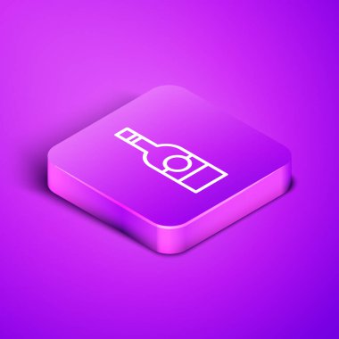 Mor arka planda izole edilmiş cam şişe votka ikonu. Mor kare düğme. Vektör