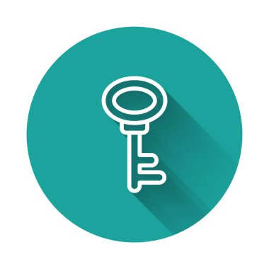 Beyaz çizgi ev anahtarı simgesi uzun gölgeli izole edilmiş. Yeşil daire düğmesi. Vektör