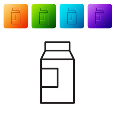Süt simgesi için siyah çizgi kağıt paketi beyaz arka planda izole edildi. Süt paketi işareti. Renkli kare düğmelerle simgeleri ayarla. Vektör
