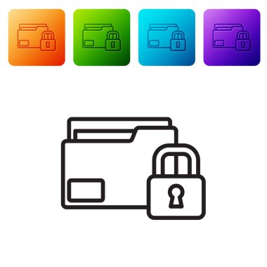 Siyah çizgi dizini ve kilit simgesi beyaz arkaplanda izole edildi. Kapalı dosya ve asma kilit. Güvenlik, güvenlik, koruma kavramı. Renkli kare düğmelerle simgeleri ayarla. Vektör