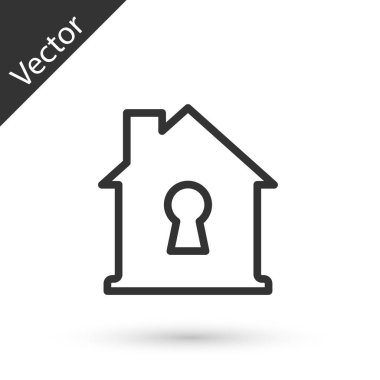 Beyaz arka planda izole edilmiş gri çizgi ev koruma ikonu altında. Ev ve kalkan. Koruma, güvenlik, güvenlik, koruma, savunma konsepti. Vektör