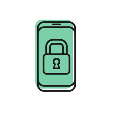 Beyaz arkaplanda izole edilmiş asma kilit simgesine sahip siyah çizgi akıllı telefon. Kilitli telefon. Gezici güvenlik, güvenlik, koruma konsepti. Vektör