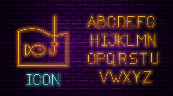 Linha de néon brilhante Gancho de pesca sob a água com ícone de peixe isolado no fundo da parede de tijolo. Equipamento de pesca. Alfabeto claro de néon. Vetor — Vetor de Stock