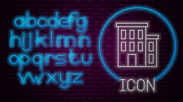 Gloeiende neon lijn House icoon geïsoleerd op bakstenen muur achtergrond. Huissymbool. Neon licht alfabet. Vector — Stockvector