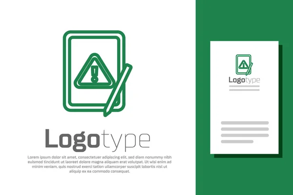 Línea verde Tableta gráfica con icono de signo de exclamación aislado sobre fondo blanco. Mensaje de alerta notificación del teléfono inteligente. Elemento de plantilla de diseño de logotipo. Vector — Archivo Imágenes Vectoriales