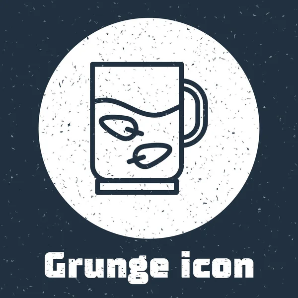 Grunge vonal Kupa tea és levél ikon elszigetelt szürke alapon. Monokróm vintage rajz. Vektor — Stock Vector