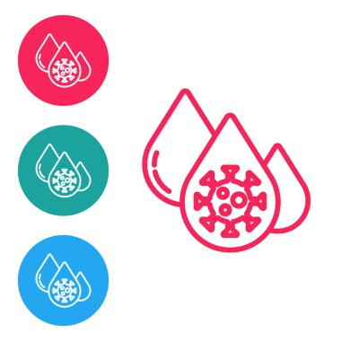 Kırmızı çizgi kan testi ve virüs molekülü koronavirüs ikonu beyaz arka planda izole edildi. Coronavirus, COVID-19. 2019-NCoV. Simgeleri daire düğmelerine ayır. Vektör.