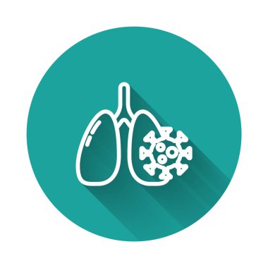 Akciğer simgesindeki beyaz çizgi virüs hücreleri uzun gölgelerle izole edilmiş. Enfeksiyon kapmış ciğerler. Coronavirus, COVID-19. 2019-NCoV. Yeşil daire düğmesi. Vektör.