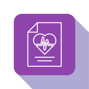 Beyaz çizgi sağlık sigortası ikonu beyaz arka planda izole edildi. Hasta koruması. Güvenlik, güvenlik, koruma, konsept koruma. Mor kare düğme. Vektör.