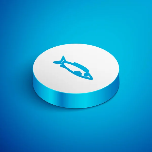 Línea isométrica Icono de pez aislado sobre fondo azul. Botón círculo blanco. Vector . — Vector de stock