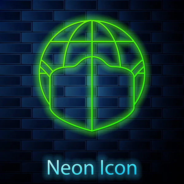 Ragyogó neon vonal Föld földgömb orvosi maszk ikon elszigetelt téglafal háttér. Vektor. — Stock Vector