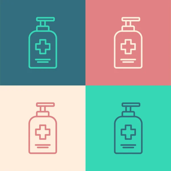 Garis seni pop Botol sabun antibakteri cair dengan ikon dispenser terisolasi pada latar belakang warna. Antiseptik. Disinfeksi, kebersihan, perawatan kulit. Vektor. - Stok Vektor