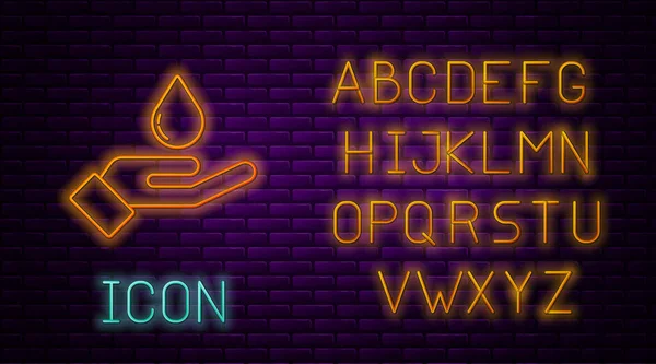 Leuchtende Neon-Linie Waschen der Hände mit Seifensymbol isoliert auf Backsteinwand Hintergrund. Hände mit Seife waschen, um Viren und Bakterien vorzubeugen. Neonlicht-Alphabet. Vektor. — Stockvektor