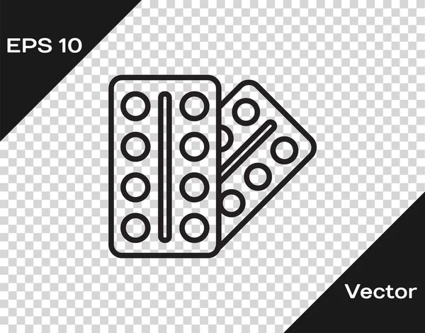 Pilules de ligne noire dans l'icône blister isolé sur fond transparent. Paquet de médicament médical pour comprimé, vitamine, antibiotique, aspirine. Vecteur. — Image vectorielle