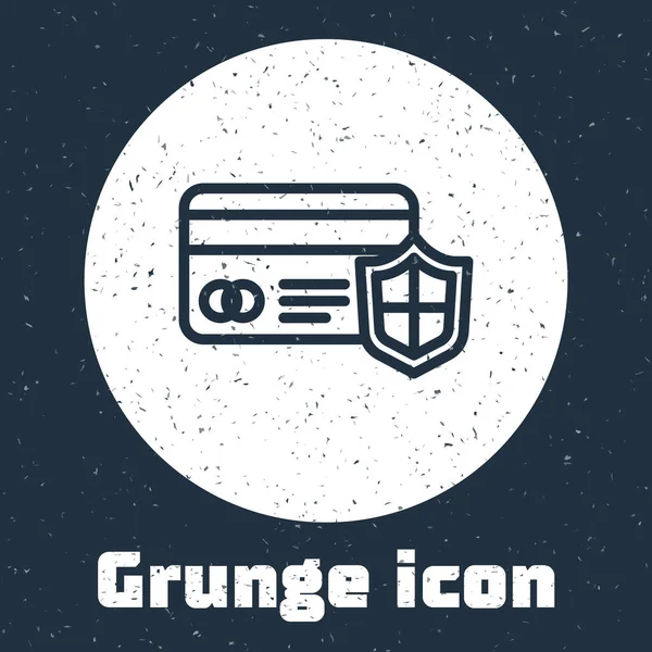 Línea Grunge Tarjeta de crédito con icono de escudo aislado sobre fondo gris. Pago en línea. Retiro de efectivo. Operaciones financieras. Señal de compra. Dibujo vintage monocromo. Vector . — Vector de stock