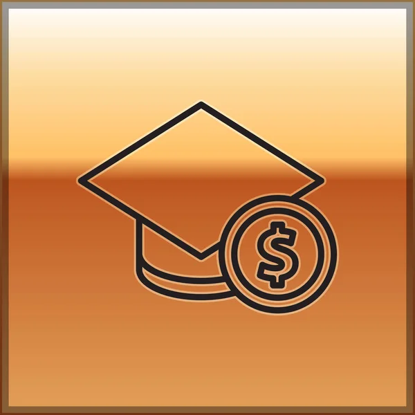 Linha preta Capa de graduação e ícone de moeda isolada em fundo dourado. Educação e dinheiro. Conceito de custo de bolsa ou empréstimo, taxa de matrícula ou de estudo. Vetor . — Vetor de Stock