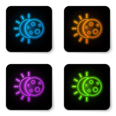 Parlayan neon tutulması beyaz arkaplanda izole edilmiş güneş ikonu. Tam sonar tutulması. Siyah kare düğme. Vektör İllüstrasyonu.