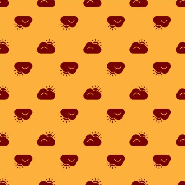 Kırmızı Güneş ve bulutlu hava ikonu kahverengi arka planda izole edilmiş pürüzsüz desen. Vektör İllüstrasyonu.