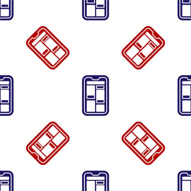 Cep telefonu simgesinden mavi ve kırmızı çevrimiçi alışveriş, beyaz arka planda izole edilmiş kusursuz desen. İnternet dükkanı, mobil mağaza uygulaması ve faturalar. Vektör İllüstrasyonu.