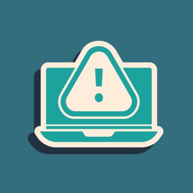 Yeşil arkaplanda ünlem işareti simgesi olan yeşil dizüstü bilgisayar. Uyarı mesajı akıllı telefon uyarısı. Uzun gölge tarzı. Vektör İllüstrasyonu.