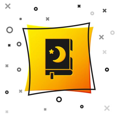 Beyaz arka planda izole edilmiş Kara Kutsal Kur 'an ikonu. Müslüman bayramı, Kurban Bayramı, Kurban Bayramı, Ramazan Kareem. Sarı kare düğme. Vektör İllüstrasyonu.