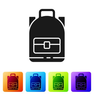 Siyah Yürüyüş sırt çantası simgesi beyaz arkaplanda izole edildi. Kamp ve dağ gezisi sırt çantası. Renkli kare düğmelerle simgeleri ayarla. Vektör İllüstrasyonu.