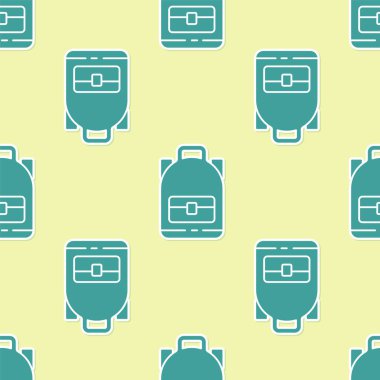 Yeşil Yürüyüş sırt çantası simgesi sarı arkaplanda izole edilmiş pürüzsüz desen. Kamp ve dağ gezisi sırt çantası. Vektör İllüstrasyonu.