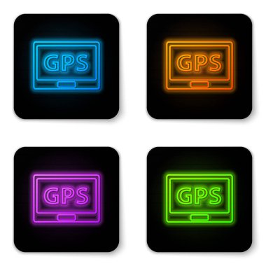 Beyaz arkaplanda izole edilmiş harita simgesiyle parlayan neon GPS cihazı. Siyah kare düğme. Vektör İllüstrasyonu.