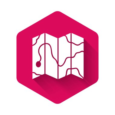 Ormanın beyaz konumu, uzun gölgeli bir harita simgesi. Pembe altıgen düğmesi. Vektör İllüstrasyonu.