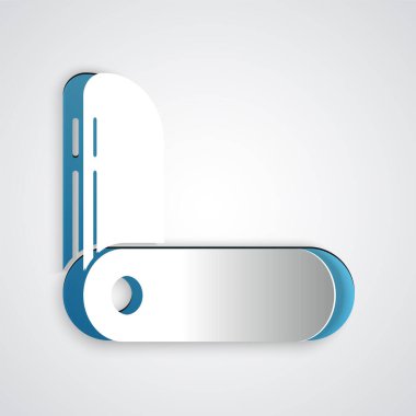 Kağıt kesiği İsviçre ordu bıçak ikonu gri arka planda izole. Çoklu alet, çok amaçlı çakı. Çok fonksiyonlu bir alet. Kağıt sanatı tarzı. Vektör İllüstrasyonu.