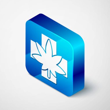 Gri arka planda izole edilmiş Isome Tıbbi marihuana veya kenevir yaprağı ikonu. Kenevir sembolü. Mavi kare düğme. Vektör İllüstrasyonu.