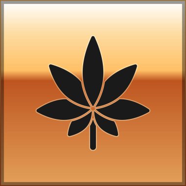 Siyah tıbbi marihuana ya da kenevir yaprağı ikonu altın arka planda izole edilmiş. Kenevir sembolü. Vektör İllüstrasyonu.