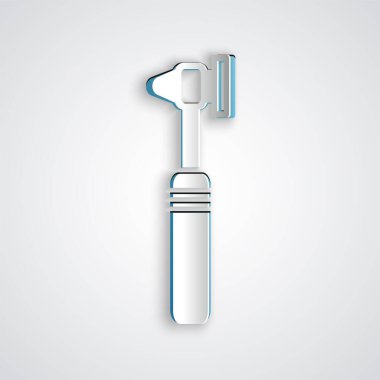 Kağıt kesiği Tıbbi otoskop araç simgesi gri arkaplanda izole edildi. Tıbbi alet. Kağıt sanatı tarzı. Vektör İllüstrasyonu.