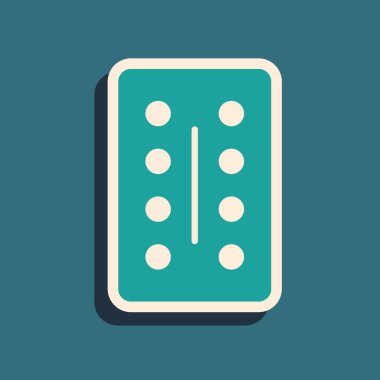 Yeşil arka planda, su toplayan yeşil haplar izole edilmiş. İlaç paketi. Tablet, vitamin, antibiyotik, aspirin. Uzun gölge tarzı. Vektör İllüstrasyonu.